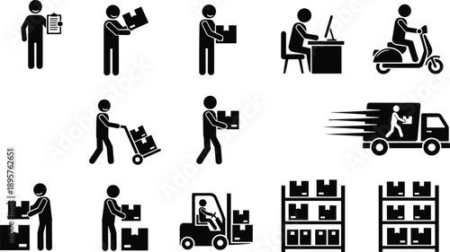 Vector, set, of, black, stick, figure, icons, representing, logistics, delivery, services, warehouse, workers, shipping, trucks, forklifts, and, package, handling, for, 