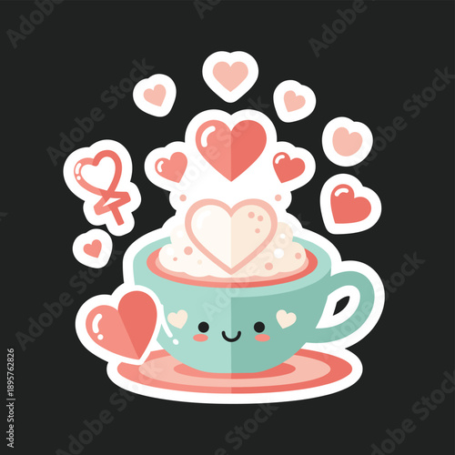 Cute cartoon teacup with hearts and steam on a black background symbolizing love and affection in a whimsical illustration