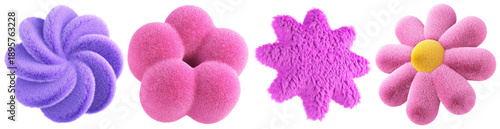 Valokuva a vibrant collection of fluffy, soft-textured floral and abstract shapes in pastel pinks and purples, 3d render