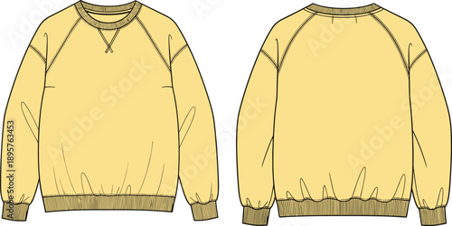 Vector, technical, flat, sketch, of, a, blank, yellow, oversized, crewneck, sweatshirt, for, apparel, tech, pack, design, development, streetwear, fashion, and, clothing, manufacturing