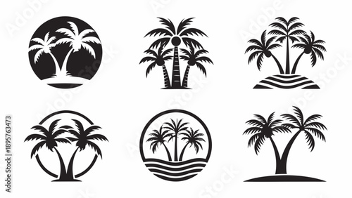 Collection of elegant black palm tree silhouettes on transparent background