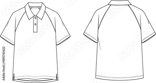 Vector, technical, sketch, of, a, short, sleeve, raglan, polo, shirt, with, front, and, back, views, for, fashion, design, and, apparel, manufacturing, templates