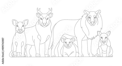 A unique collection of animal faceline art, including deer, lion, and kangaroo, showcasing a minimalist and elegant artistic approach to wildlife representation