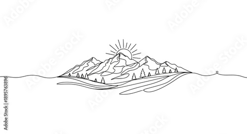 Minimalist continuous line drawing of a sun rising over a mountain range with trees and water, evoking a serene and natural landscape