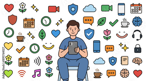 Online Therapy and Teletherapy Concept Illustration with Mental Health Icons, Flat Vector Adult Character Holding Tablet for Counseling Session, Psychological Support and Wellness Services