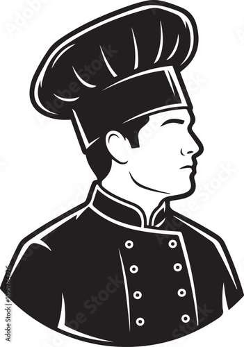 Black and white of a male chef in profile wearing a tall toque hat and uniform cook culinary cuisine