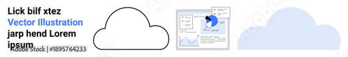 Cloud computing, data analytics, technology, business solutions, software development, digital storage. Cloud icons and a data chart interface. Cloud computing and data analytics concept