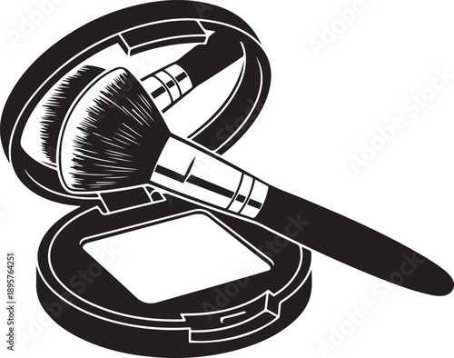 Black and white of an open compact powder case with a makeup brush beauty cosmetic