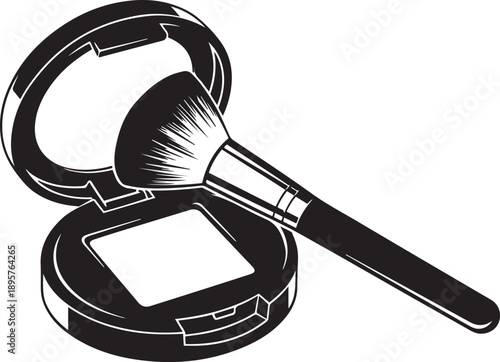 Black and white of an open compact powder case with a makeup brush cosmetic beauty
