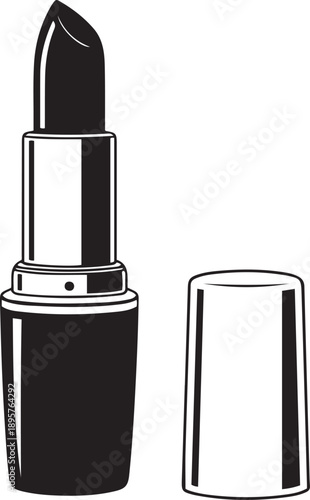 Black and white of an open lipstick tube and its cap makeup cosmetic beauty container