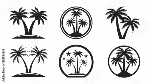 Set of six different black palm tree silhouettes on white