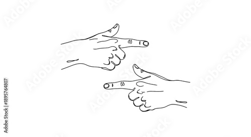 Two hands pointing fingers at each other in minimalist line art.