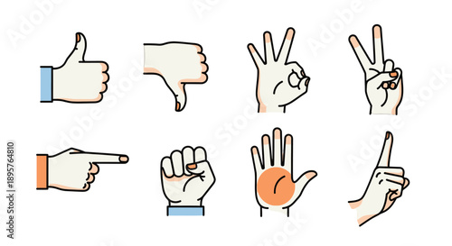 Hand gestures illustration set with various signs and symbols.