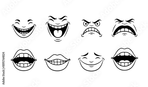 Hand-Drawn Cartoon Mouth Expression Icon Collection Vector