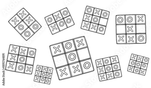 Doodle Tic Tac Toe Game Boards Vector with Hand-Drawn X O Icons