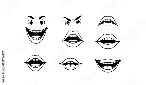 Funny Cartoon Mouth Doodle Icons Vector with Hand-Drawn Expressions