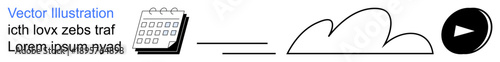 Time management, cloud storage, digital media, scheduling, online platforms, productivity. A calendar, a line a cloud symbol and a play button icon. Time management and cloud storage concept
