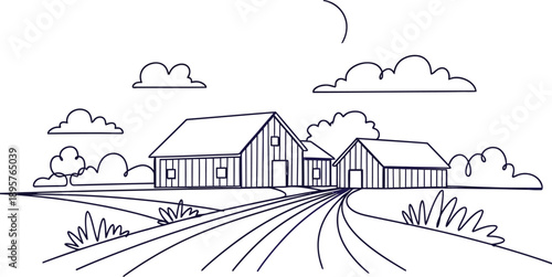 Farm Landscape with Barns and Fields