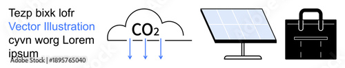 Renewable energy, CO2 reduction, environmental sustainability, solar power, business services, and work concepts. CO2 cloud, solar panel and a briefcase. Renewable energy and CO2 reduction