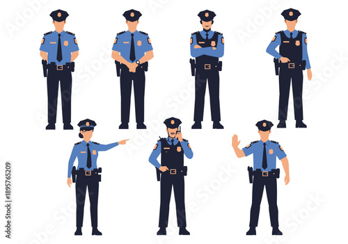 Multiple police officers in uniform standing in various poses on a white background, illustration view