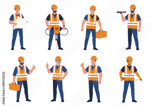 Construction worker performing various tasks with tools and equipment on a white background from multiple viewpoints