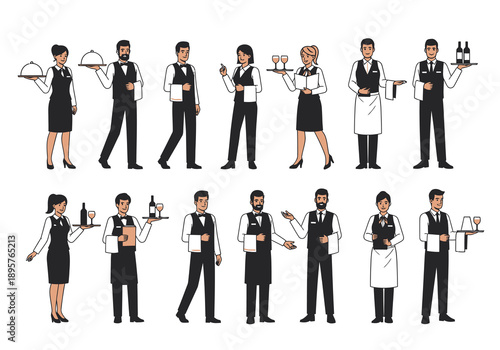 Diverse group of restaurant staff standing in uniform holding various serving items and trays in a plain white setting