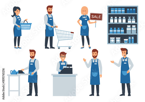 People working in a retail store environment with various tasks and products on display from a straightforward viewpoint