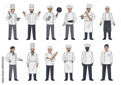 Diverse Group of Chefs and Cooks Standing Together in Uniforms, Holding Utensils and Ingredients