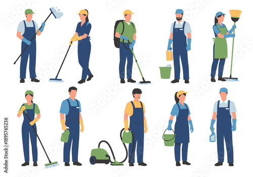 Diverse group of janitors and cleaning staff in various uniforms and equipment standing in a grid formation