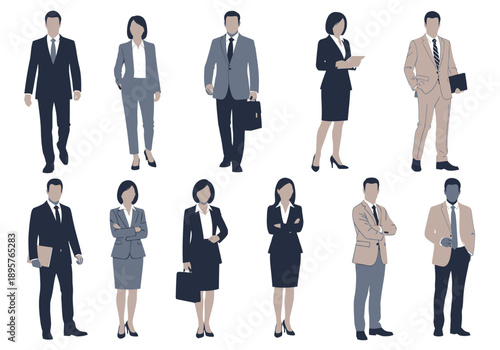Diverse group of business professionals standing confidently in various poses and attire, showcasing modern workplace diversity and inclusivity from a front viewpoint