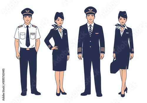 Flight crew members standing confidently in uniform, showcasing professionalism in an aviation setting