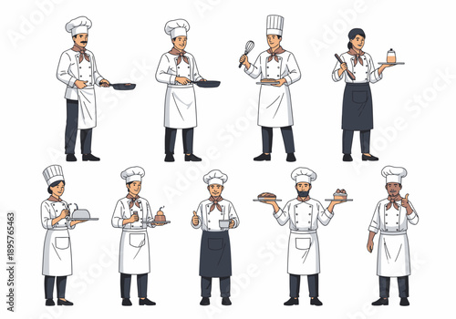 Diverse chefs in various poses and attire showcasing culinary skills and teamwork in a kitchen environment from multiple viewpoints