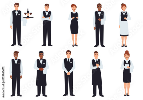 Diverse waitstaff and hospitality professionals standing in uniform against a plain background from a frontal viewpoint
