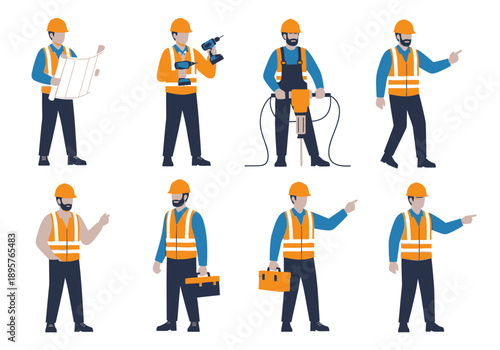 Construction workers in various poses and actions showcasing their roles and responsibilities on a project site