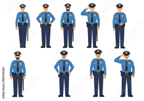 Uniformed officers standing in various poses, saluting and at attention, illustration of police personnel