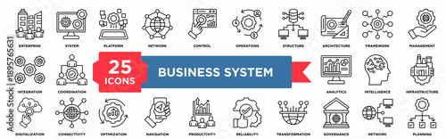 Business system icon set showing enterprise systems, system integration, governance, analytics, operational control, and digital transformation for corporate strategy and management projects.