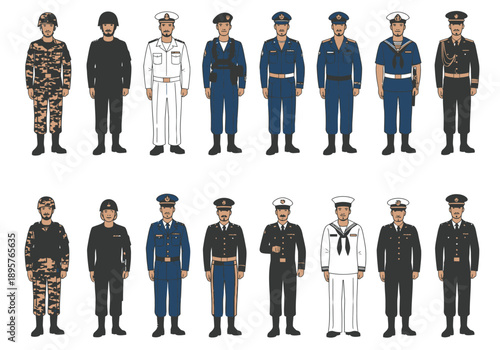 Diverse Military Personnel Standing in Formation, Showcasing Various Uniforms and Ranks from Different Countries and Branches