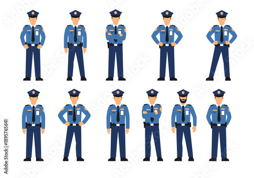 Illustration of uniformed police officers standing in various poses on a plain background