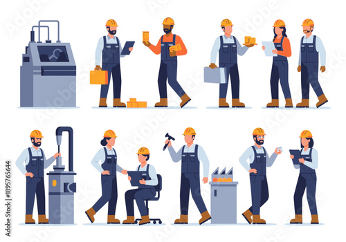 Illustrations of workers in various industrial settings performing different tasks from different viewpoints