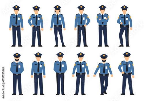 Collection of police officers in uniform standing in various poses and angles with professionalism and authority