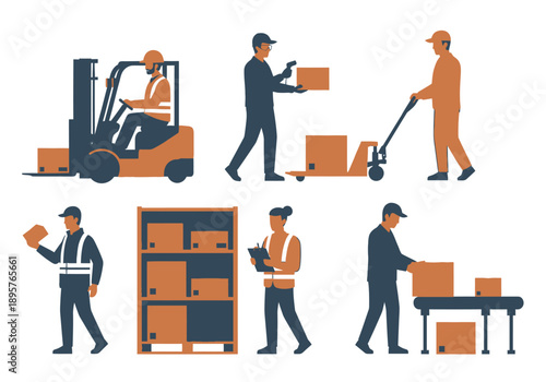 Warehouse workers managing inventory with forklifts and hand trucks in a storage facility
