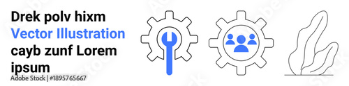 Business processes, teamwork, configuration, collaboration, technical setup, management systems. Two gears with a wrench and people inside. Business processes and teamwork concept