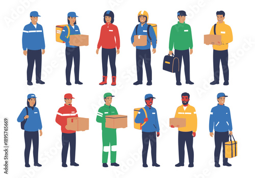 Delivery personnel standing together holding packages and equipment in various uniforms and colors
