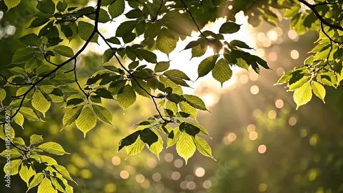 Golden sunlight filtering through vibrant green leaves, creating a tranquil and serene natural backdrop with a beautiful bokeh effect
