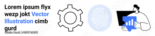 Gear icon, fingerprint graphic, and user reviewing data on laptop. Ideal for business, security, biometrics, analysis, technology, innovation and a simple landing page