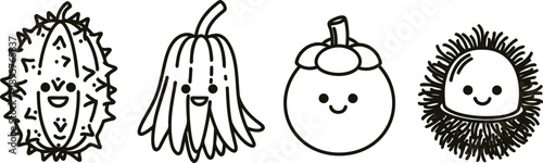 A set of four cartoon fruits with smiling faces on white background  durian longan rambutan and jackfruit