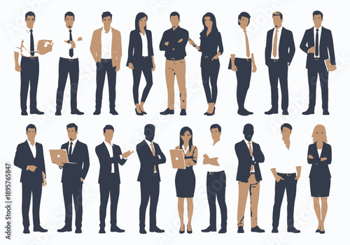 Diverse group of professionals in business attire standing and interacting in a modern office setting from a front viewpoint