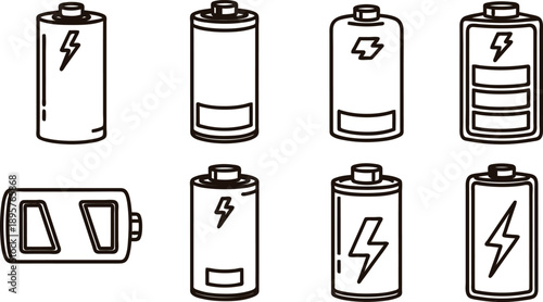Blackandwhite illustration of various battery icons with lightning bolts and different charge levels on white background