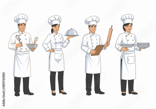 Illustration of four chefs in white aprons and hats holding various kitchen utensils in a studio setting from a frontal viewpoint