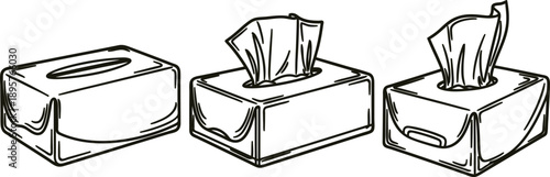 Three different views of tissue boxes with tissues  one closed and two with tissues sticking out  everyday objects